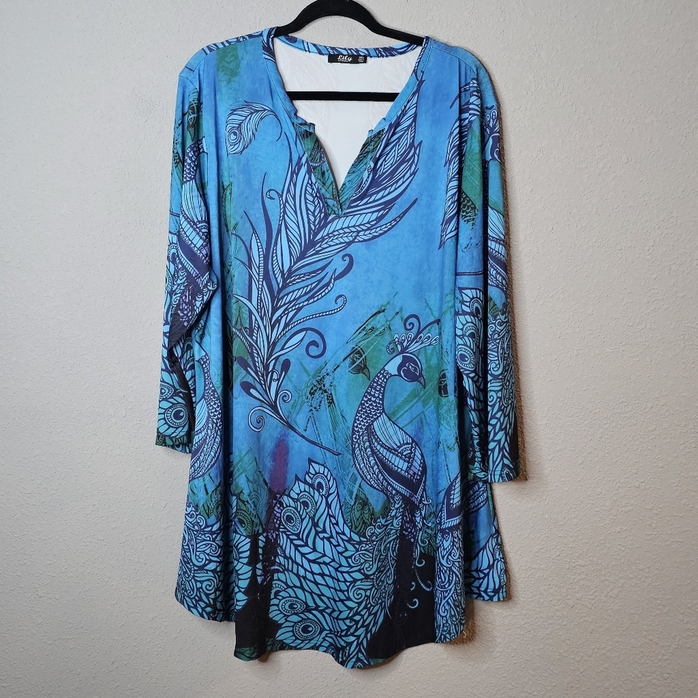 Lily by‎ Firmiana Dress Tunic Top Womens Plus 4XL Blue Peacock Vibrant Blue Bird